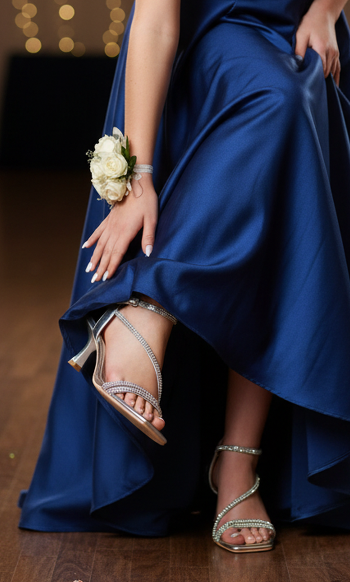 Wearing a blue satin dress and Tiffany Silver Prom Shoes: Touch Ups 4757, a person adjusts their silver shoe, a white corsage on their wrist, standing on a wooden floor.